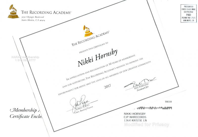 2017 NARAS 10Yrs. Certificate